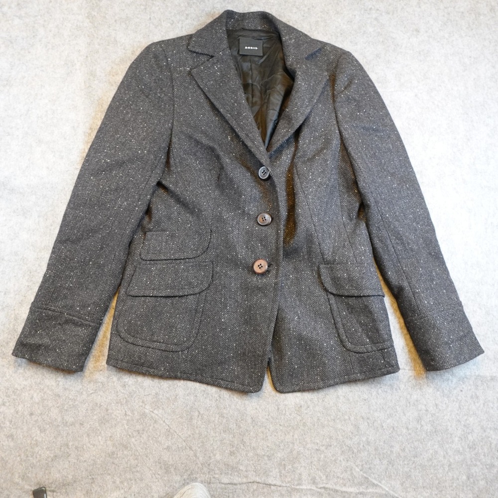 Akris Blazer Women 12 Gray Herringbone Tweed 3 Button Jacket Career Luxury